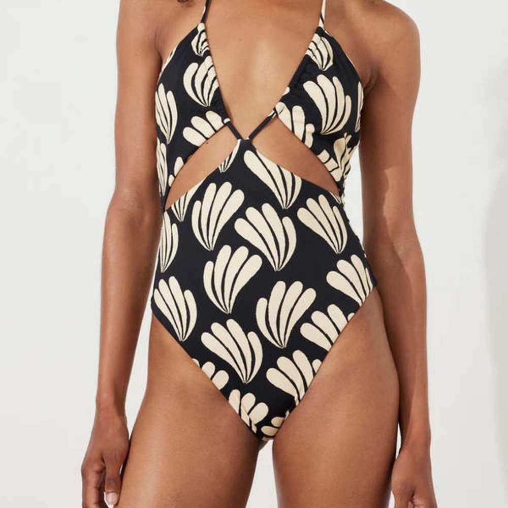 Zulu & Zephyr Black and Cream Palm Cut Out One Piece Swimsuit